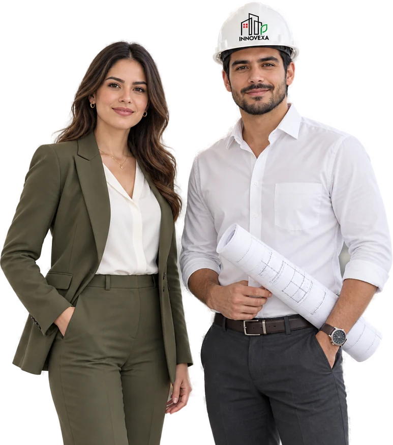 Asesores de proyecto de Innovexa con planos y casco